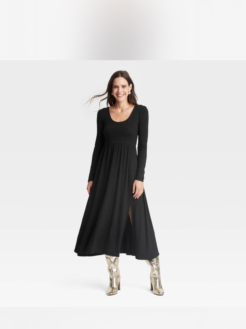 a new day Black Long Sleeve Scoop Neck Midi Dress with Side Slit